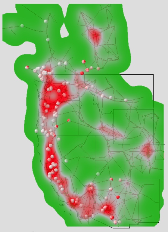 This shows the Western North American power grid with the analysis results of 200 overlaid possible contingencies. Red areas indicate vulnerable portions of the power grid that network operators must address. Gray areas are causes for concern and green areas are safe. Overlaying the 200 sets of risk-level data allows operators to visualize the collective risk of contingencies on the system.