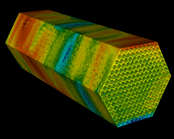 This animation shows early-time pressure distribution for simulation of coolant flow in a 217-pin wire-wrapped nuclear reactor fuel subassembly, computed on 32,768 processors of the Argonne Leadership Computing Facility's Blue Gene/P. The program used nearly 1 billion data points distributed through the simulated subassembly to calculate properties like pressure and temperature over time. Please click the image to run the animation in a new window. This animation shows early-time pressure distribution for simulation of coolant flow in a 217-pin wire-wrapped nuclear reactor fuel subassembly, computed on 32,768 processors of the Argonne Leadership Computing Facility's Blue Gene/P. The program used nearly 1 billion data points distributed through the simulated subassembly to calculate properties like pressure and temperature over time.