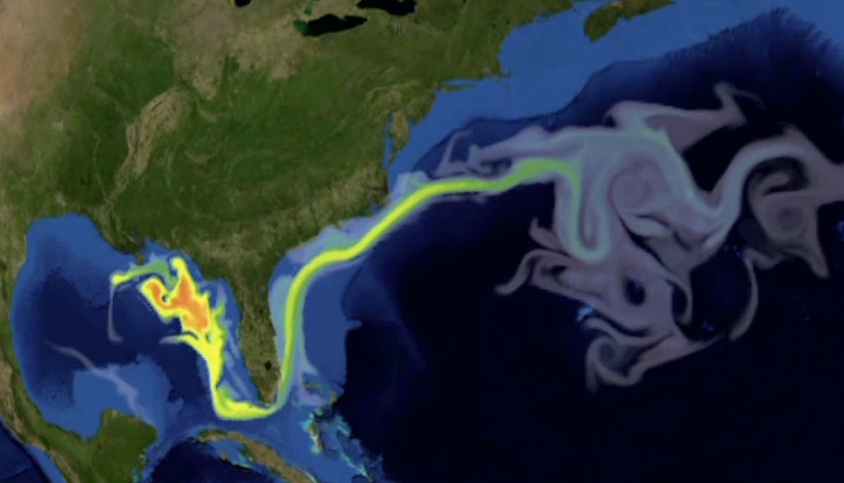 A frame from an animation showing the possible route into the Atlantic Ocean of oil and dispersant from the spot of the Deepwater Horizon spill in the Gulf of Mexico.