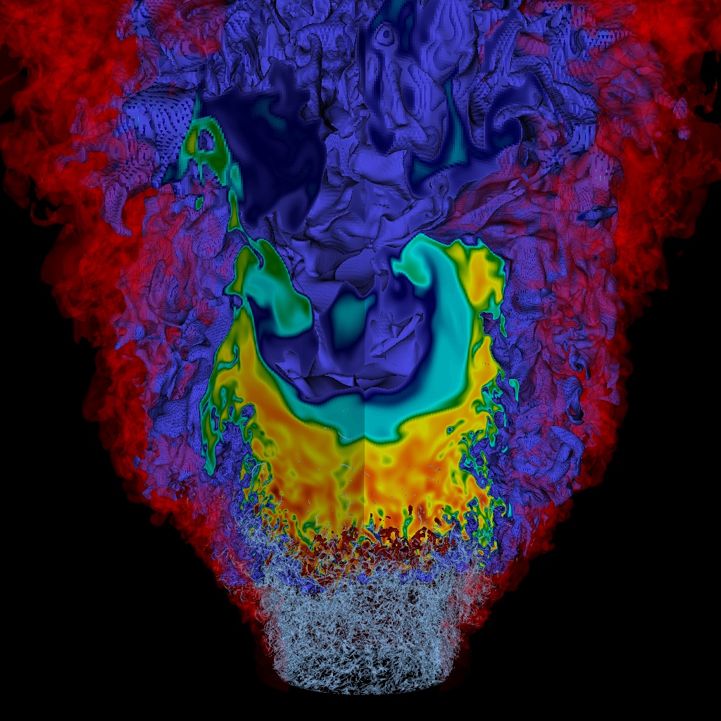 A visualization of a lean hydrogen flame simulation shows three computed fields simultaneously. A bowl-shaped turbulent flame floats over the exit flow from a pipe that is swirling as it moves upward. The gray filaments at the bottom depict regions of high turbulence, the transparent red surface highlights the mixing region between the fuel from the pipe and the air outside, and the purple-to-red zone shows the concentration of nitrogen-based emissions from the flame.