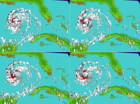 Time evolution of the primary convective activity (white) and lightning (red dots) for Hurricane Rita. (Image: Jon Reisner, Los Alamos National Laboratory.)