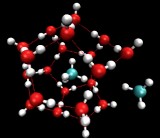 A still from an animation of methane, the blue and silver molecules, escaping from a methane hydrate, the red and silver molecules water molecules that form a cage around methane molecules. (Pacific Northwest National Laboratory.)