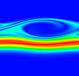 A visualization of a Vlasov-Poisson simulation for a bump-on-tail instability problem, where a non-equilibrium distribution of electrons drives an electrostatic wave. The image shows particle density as a function of space and velocity. (Jeffrey Hittinger, Lawrence Livermore National Laboratory.)