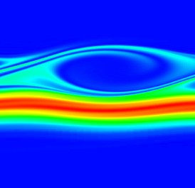 A visualization of a Vlasov-Poisson simulation for a bump-on-tail instability problem, where a non-equilibrium distribution of electrons drives an electrostatic wave. The image shows particle density as a function of space and velocity. (Jeffrey Hittinger, Lawrence Livermore National Laboratory.)