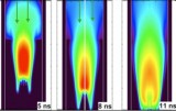 A sequence of false color images generated from a numerical simulation show a MagLIF liner as it is heated by a laser in preparation for an implosion.
