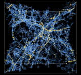A cosmological simulation with the Nyx code. The white lines represent the edges of a small sample of the universe, about 50 million light years on a side, at redshift about 3.5 billion years after the Big Bang. Shown are baryons at two different densities: blue is about twice the mean baryon density in the universe; the yellow is about 10 times. The blue regions approximate areas that give rise to the Lyman-Alpha forest signal; yellow is a rough representation of regions where gas coalesces into galaxies. (Simulation by Zarija Lukić, Lawrence Berkeley National Laboratory. Image by Casey Stark, University of California, Berkeley.)